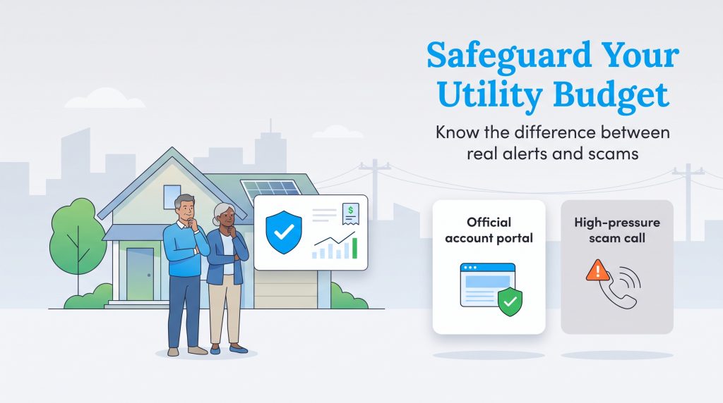 Couple standing in front of house comparing official utility portal and scam call indicators