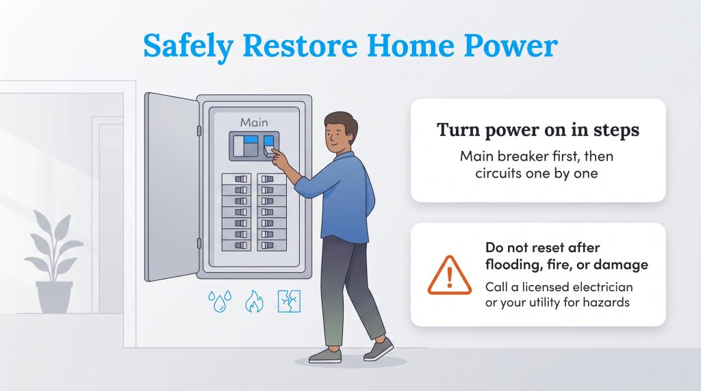 Illustration of a man safely flipping an electrical breaker switch to restore home power