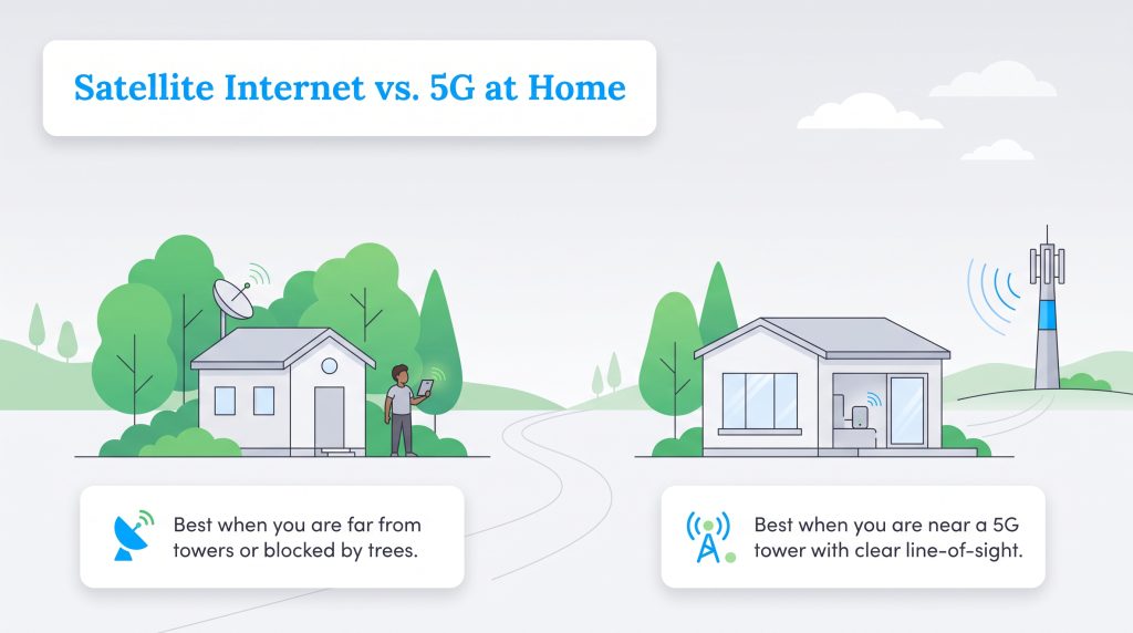 Illustration comparing satellite internet in wooded areas vs 5G home internet near a cell tower.