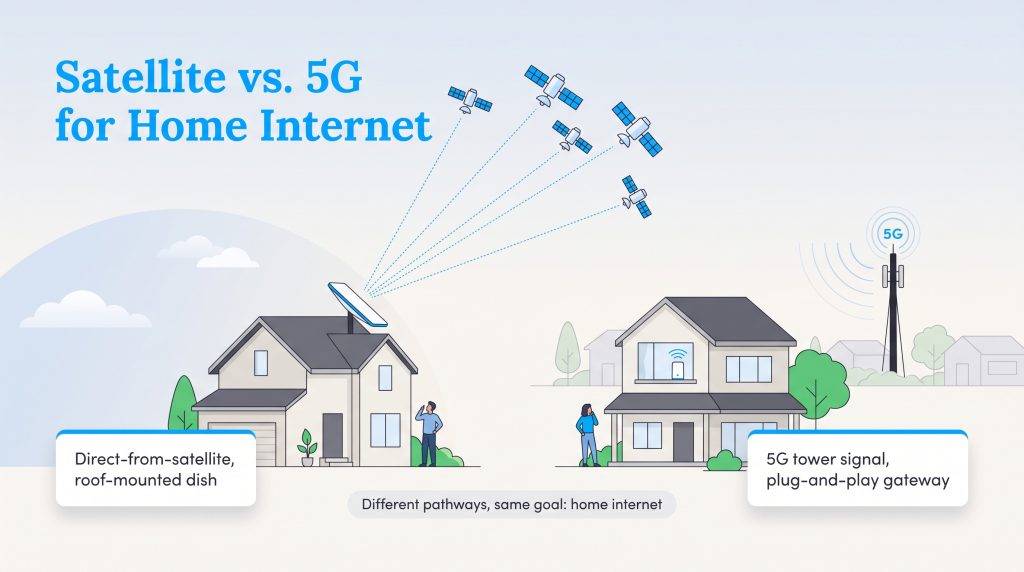 Comparison of satellite internet with a roof dish and 5G home internet with an indoor gateway