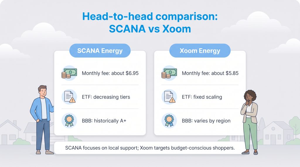 Infographic comparing SCANA Energy and Xoom Energy monthly fees, ETFs, and BBB ratings