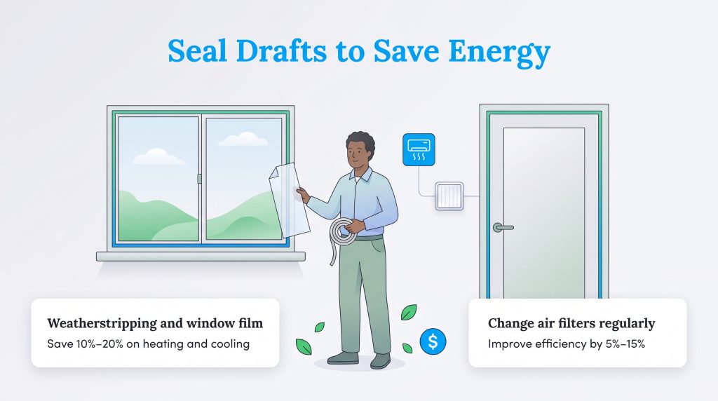 Illustration of a man sealing windows and doors to save on energy and HVAC costs