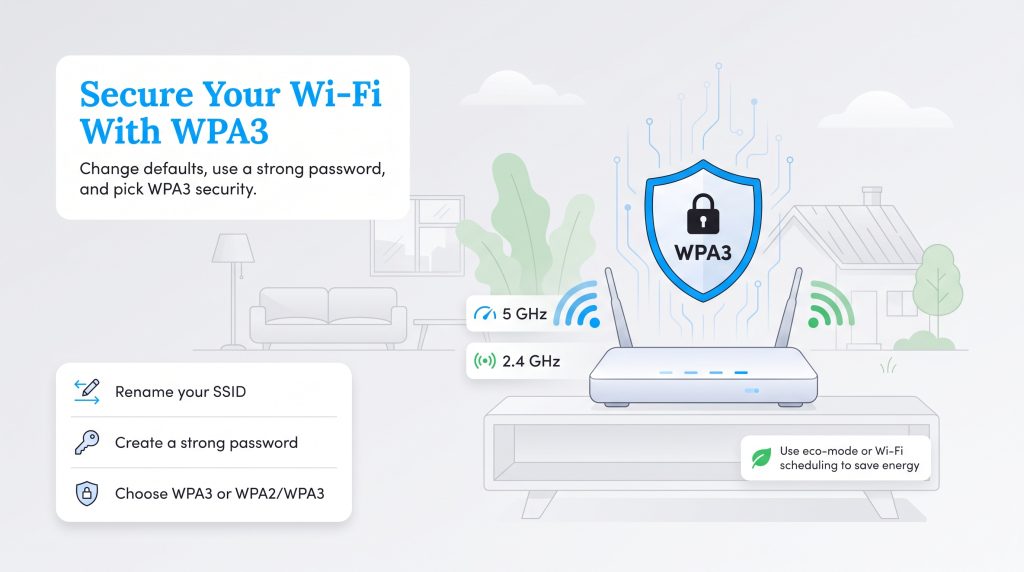 Illustration of a home Wi-Fi router secured by WPA3 encryption with tips on strong passwords