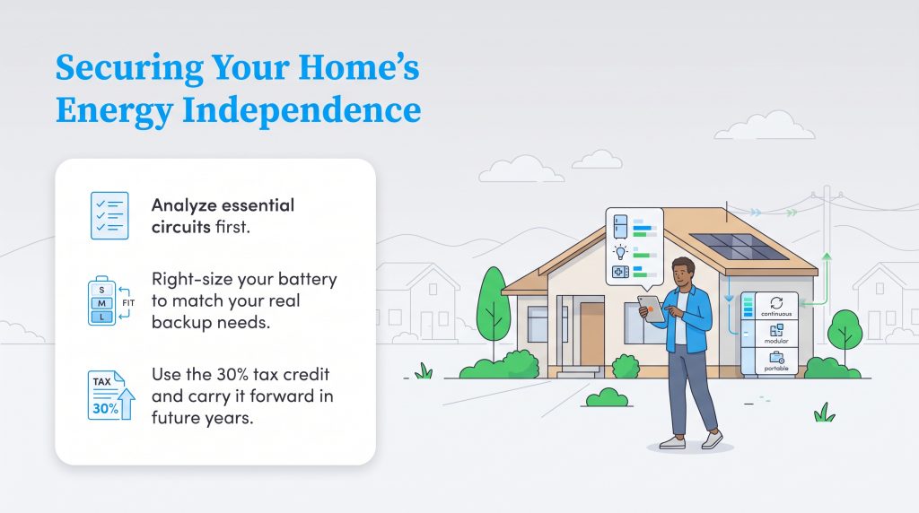 Illustration of a man monitoring solar and battery power on a tablet outside his home.