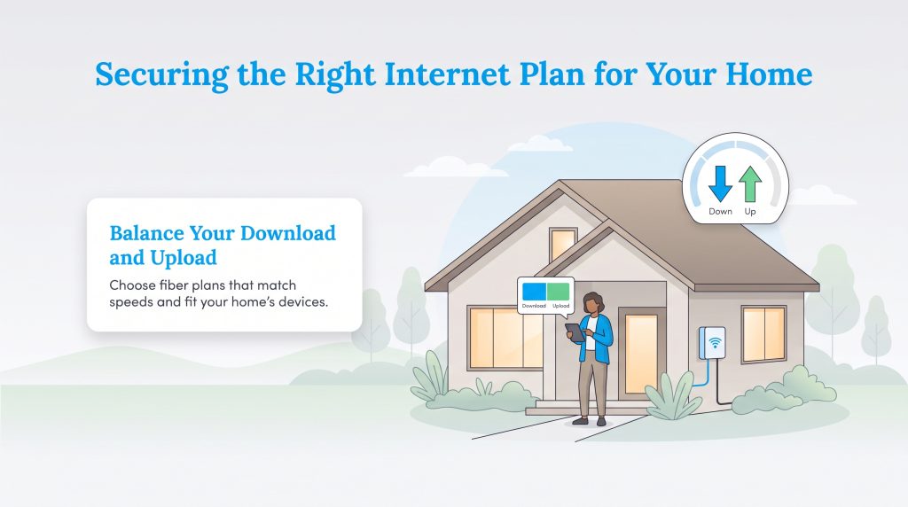 Illustration of a house with balanced download and upload speed indicators.