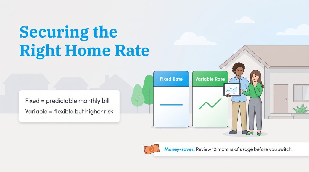 Illustration of a couple comparing fixed versus variable home energy rates.