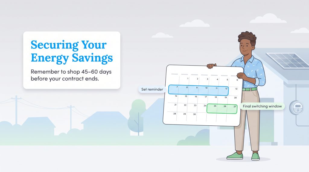 Illustration of a person holding a calendar highlighting electricity plan reminder windows
