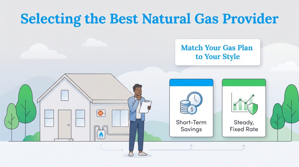 An illustration showing choices between short-term gas savings and steady fixed rates