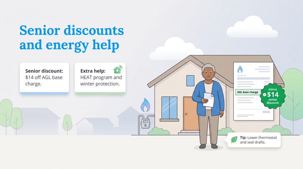 Illustration of an elderly homeowner showing a 14 dollar senior discount on a gas bill