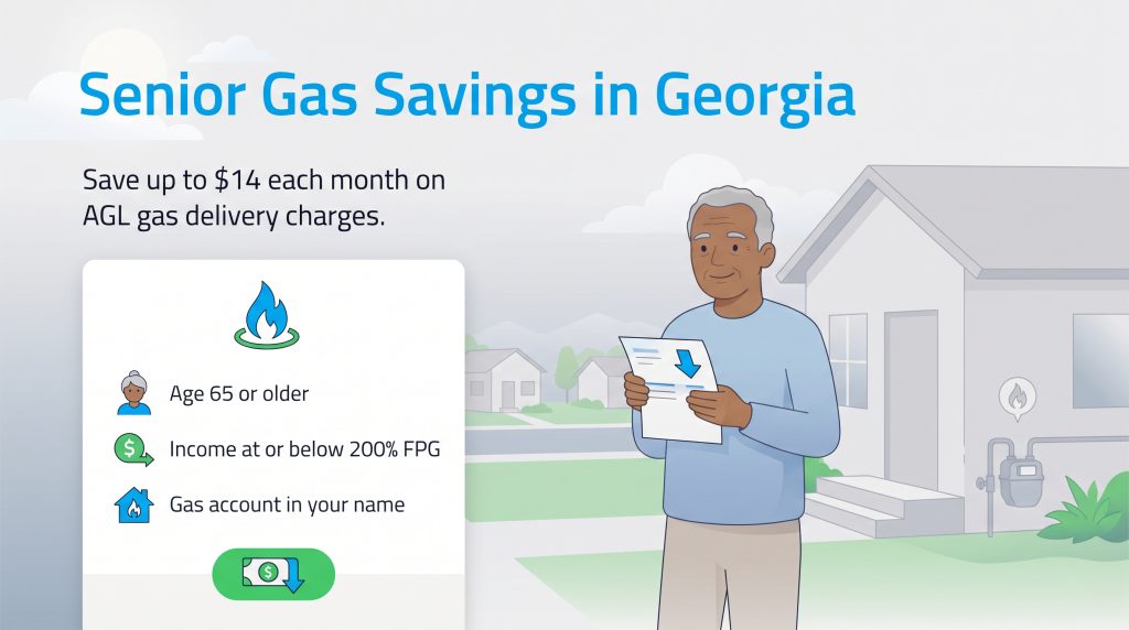 Infographic showing eligibility requirements for senior natural gas discounts in Georgia.