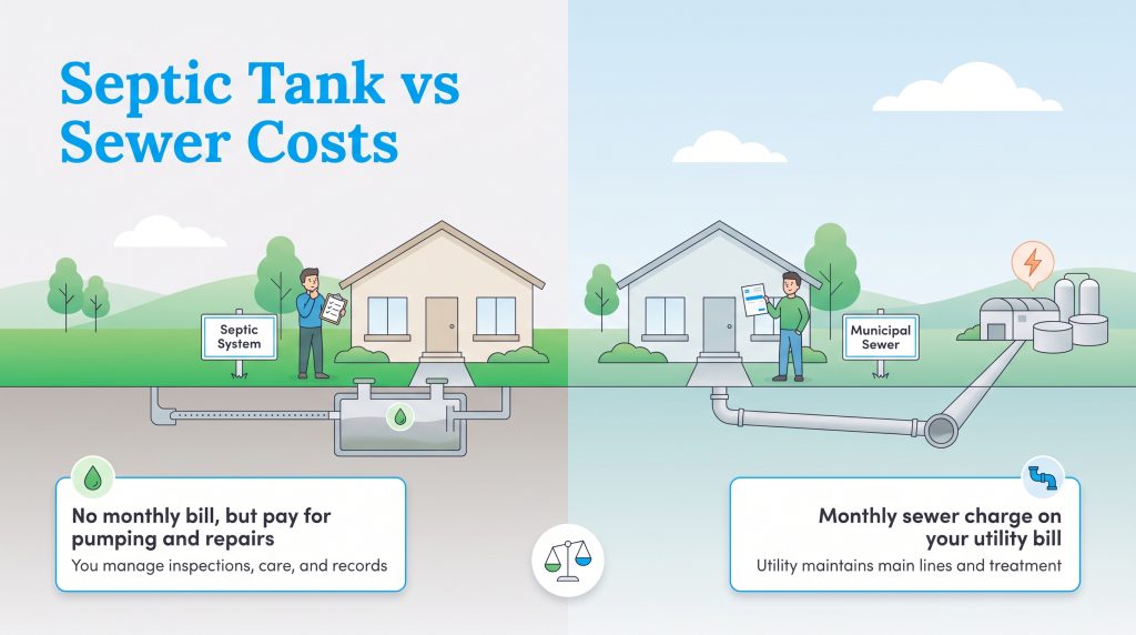 Illustration comparing the costs of a septic system versus a municipal sewer connection