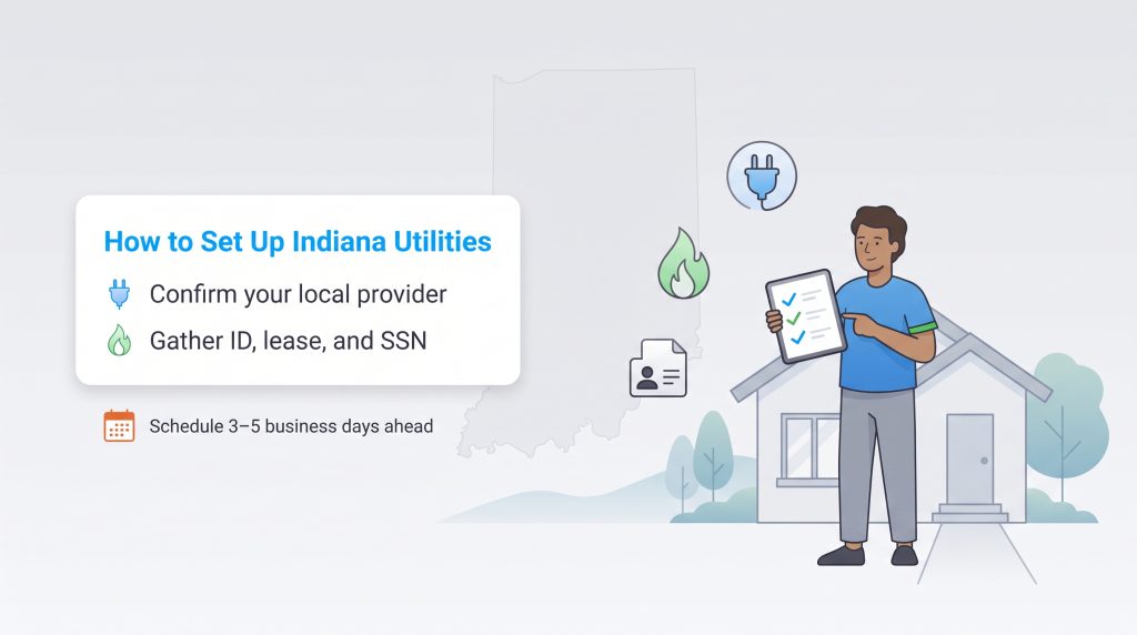 Steps to set up Indiana utilities: confirm provider, gather documents, and schedule ahead.