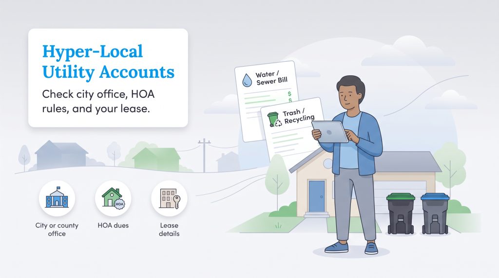 Illustration of a man reviewing local utility setup options including city offices and HOA dues