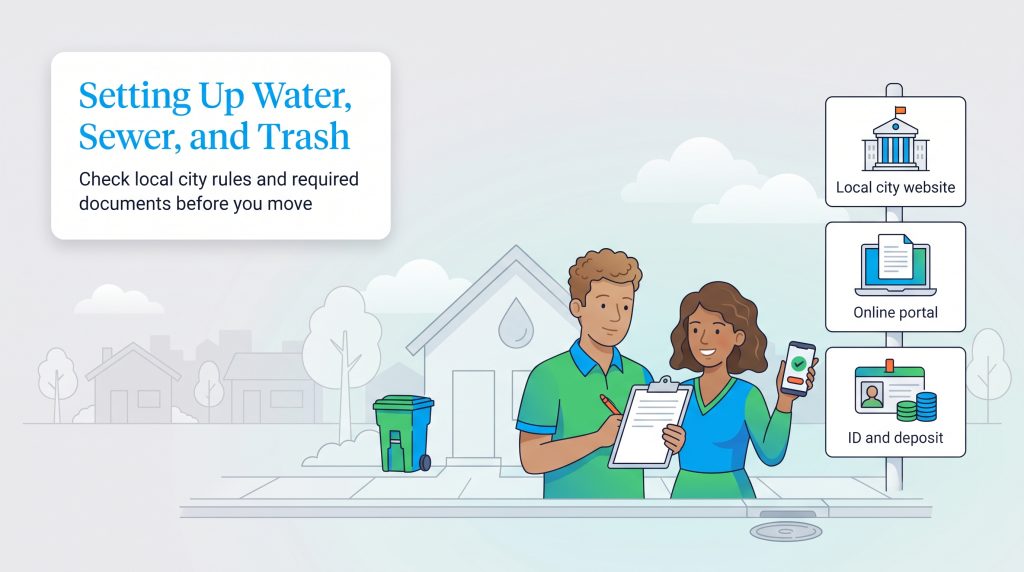 Two people review checklist to set up water, sewer, and trash services using local city portals.