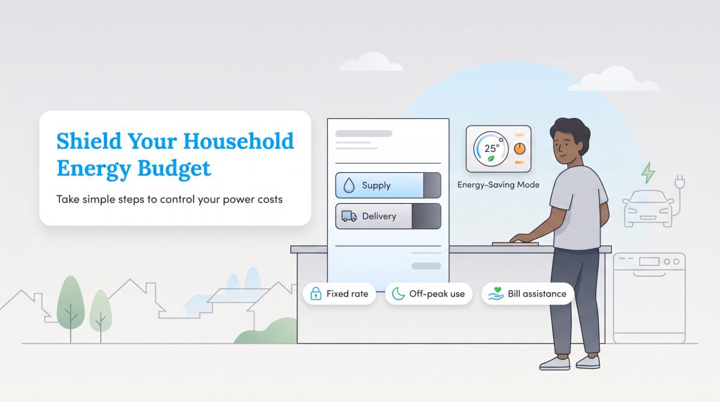 Illustration of a man reviewing his energy bill and saving costs using a smart thermostat