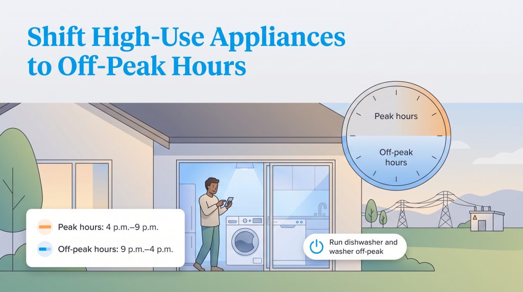 Graphic showing peak and off-peak hours for running appliances to save money on electricity.