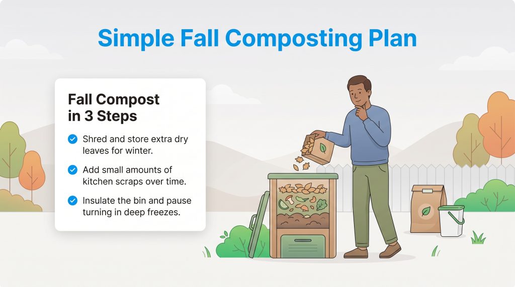 A man adds leaves to a compost bin next to a three-step guide for fall composting.