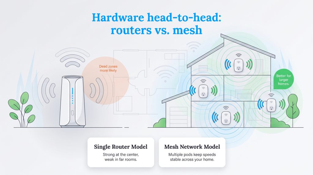 Diagram comparing Wi-Fi coverage of a single router model versus a multi-pod mesh network.