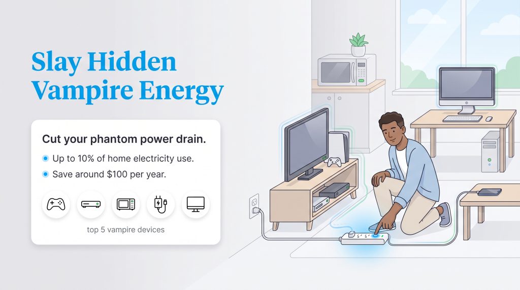 Man switching off a power strip to stop vampire energy drain from household electronics