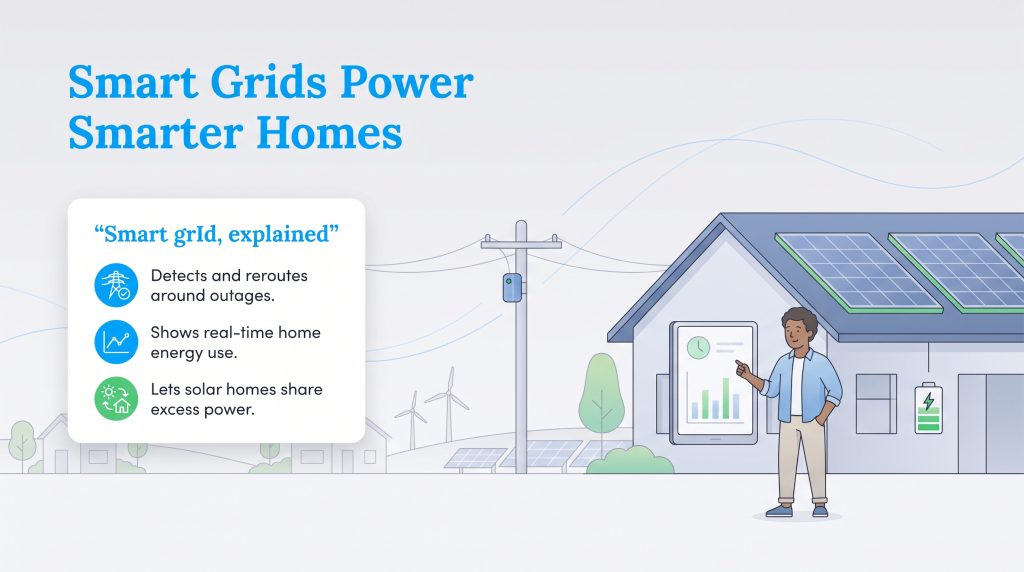 Graphic explaining smart grid benefits like energy tracking and sharing excess solar power