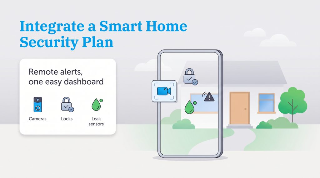 Graphic of a smartphone showing security icons like locks and cameras in front of a house