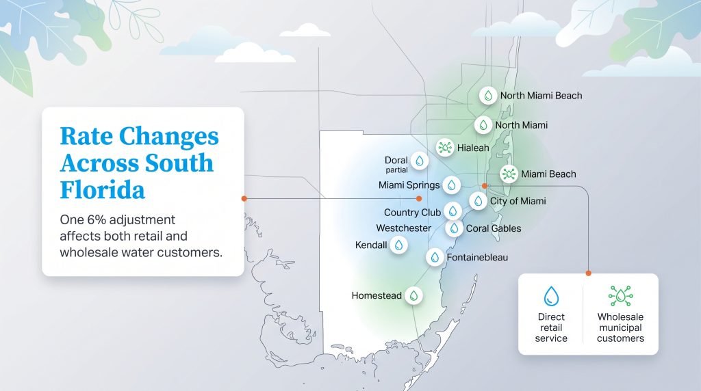 Map of South Florida highlighting communities impacted by a six percent water rate adjustment