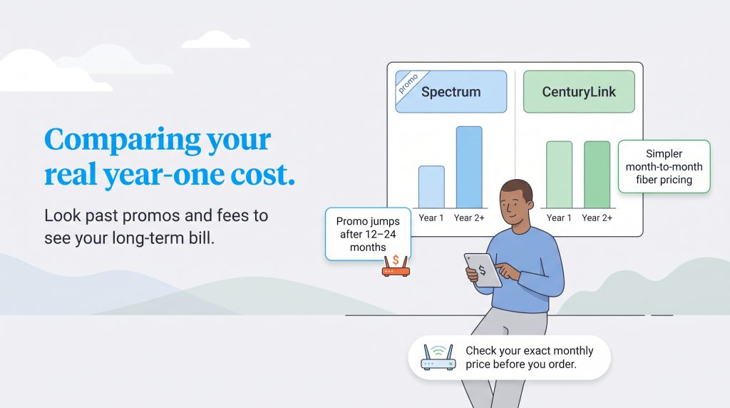 Comparison chart showing Spectrum promo price jumps versus CenturyLink stable flat pricing