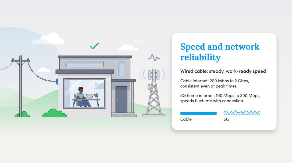 Graphic comparing steady wired cable internet with fluctuating 5G home network signals