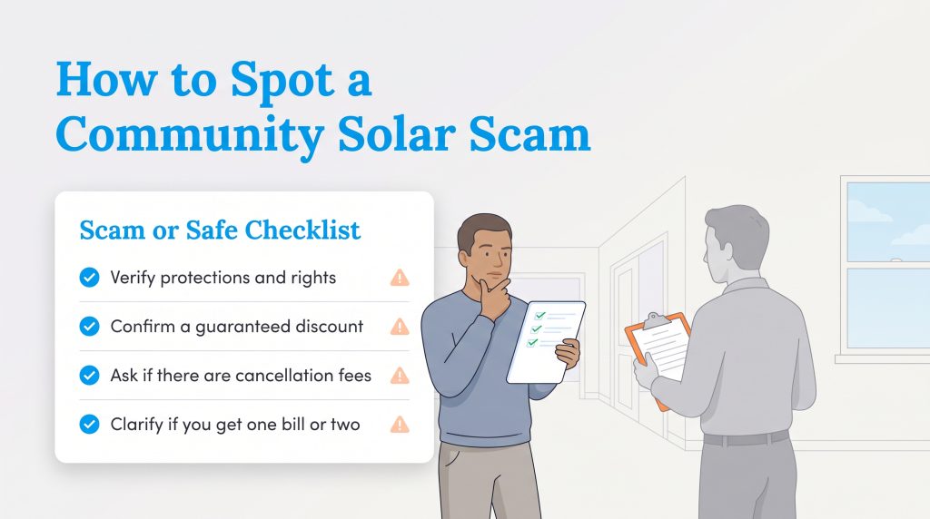 Man reviews a Scam or Safe Checklist to identify legitimate community solar offers.