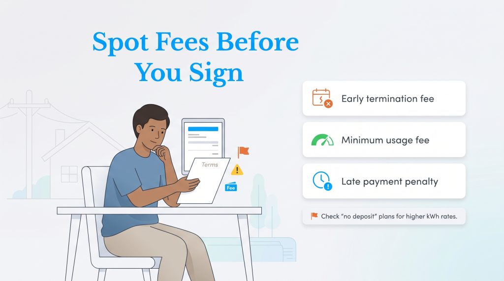 An illustration of a man reviewing an electricity contract to identify hidden fees