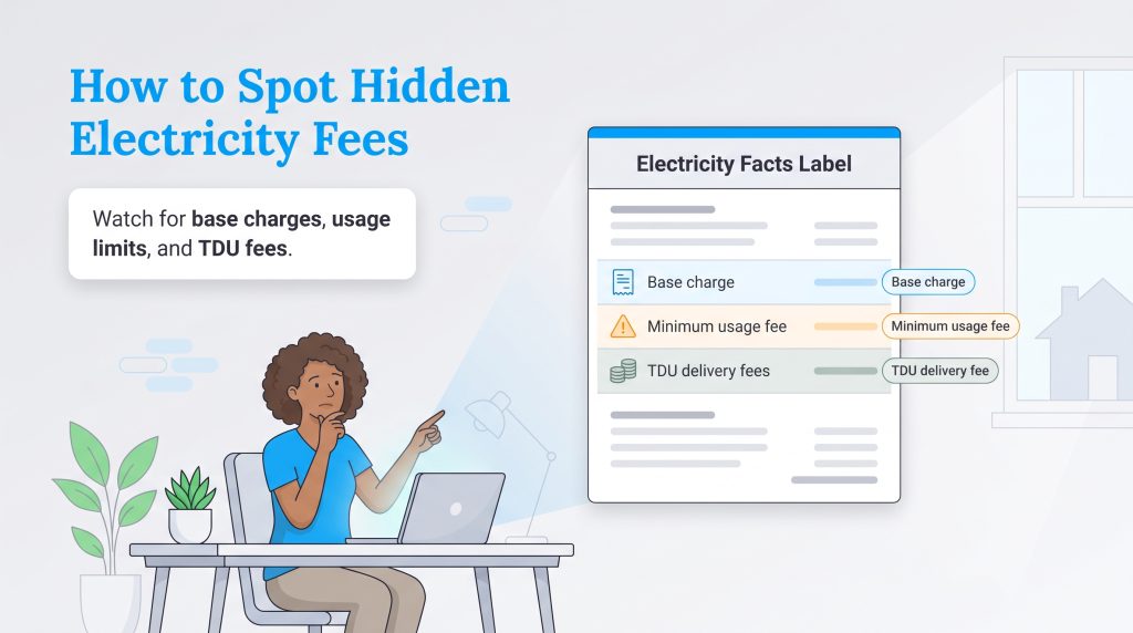 Illustration of a woman identifying hidden fees on an Electricity Facts Label document