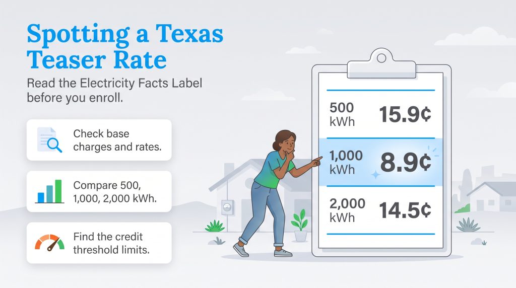 Illustration of a woman pointing out misleading teaser rates on an electricity facts label.