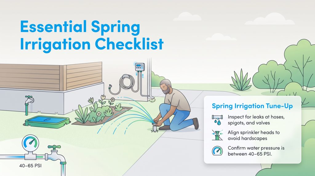 Illustration of a man adjusting a yard sprinkler next to a spring irrigation checklist.