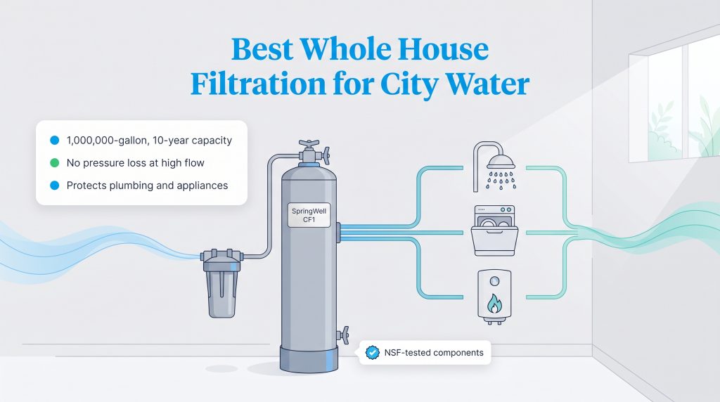 Diagram of SpringWell CF1 whole house water filtration system for city water.