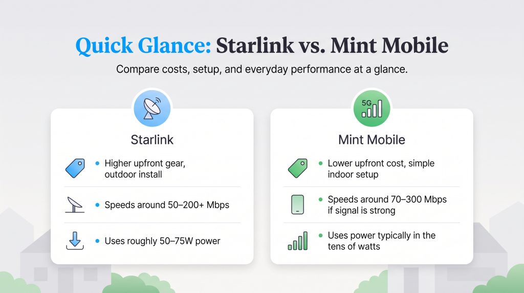 Comparison of Starlink and Mint Mobile costs, speeds, and setup requirements