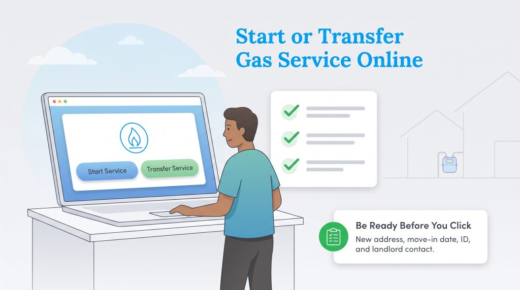 Man using a laptop to start or transfer gas service online with a checklist.