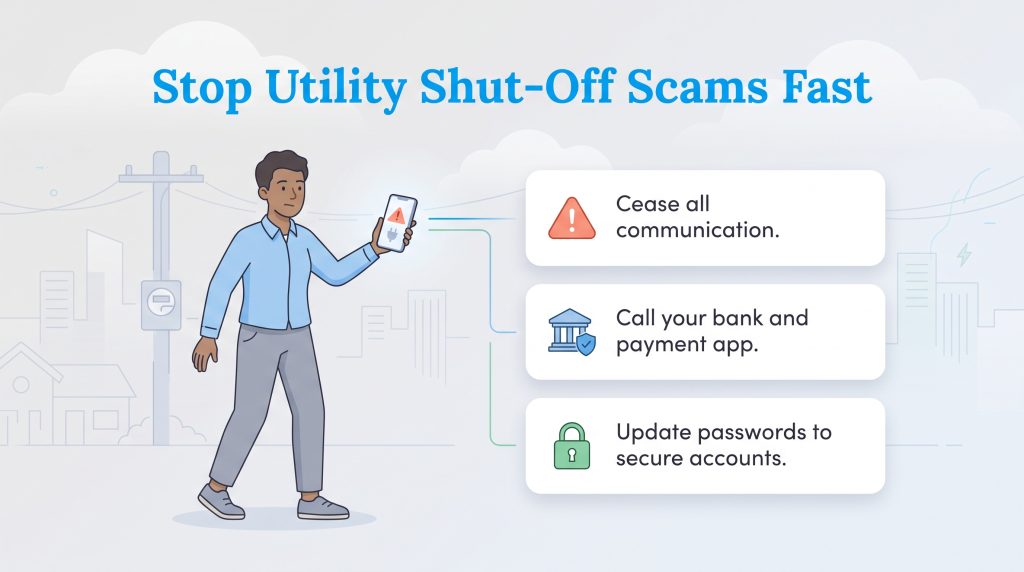 Illustration of a man checking a phone scam warning with three steps to stop utility scams