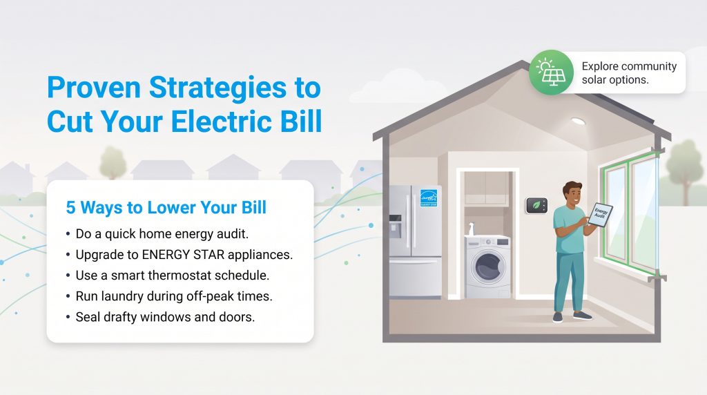 Illustration of five ways to lower your electric bill through home energy upgrades