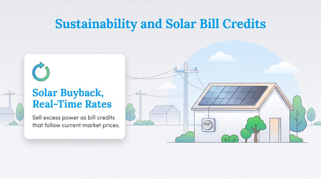 House with rooftop solar panels feeding electricity back into the power grid.