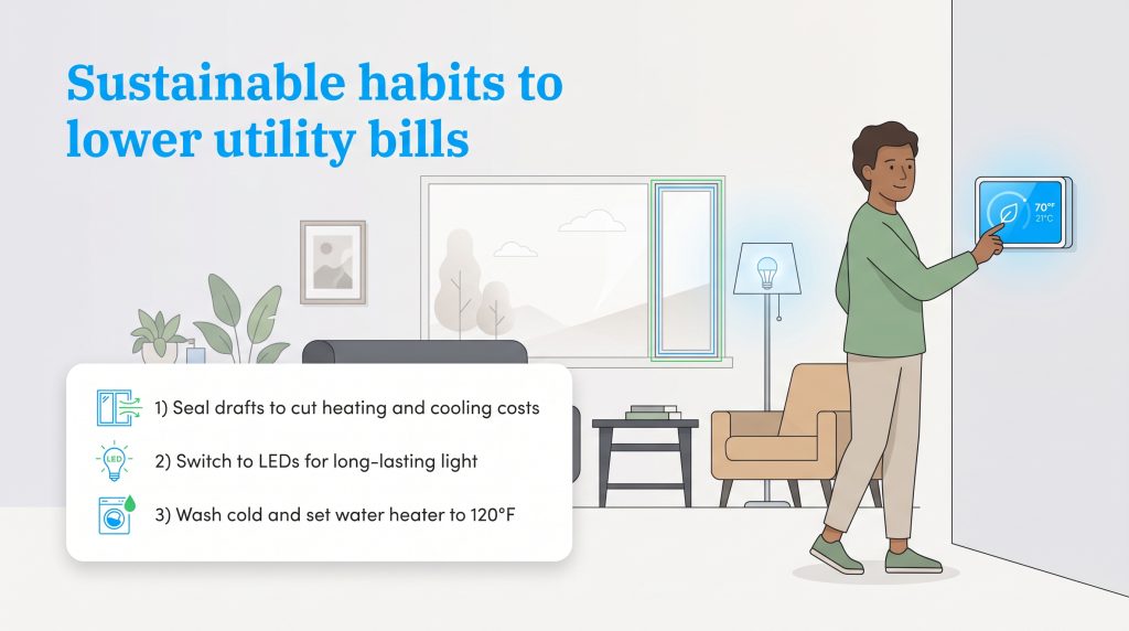 Illustration of a man adjusting a smart thermostat next to tips for lowering utility bills.