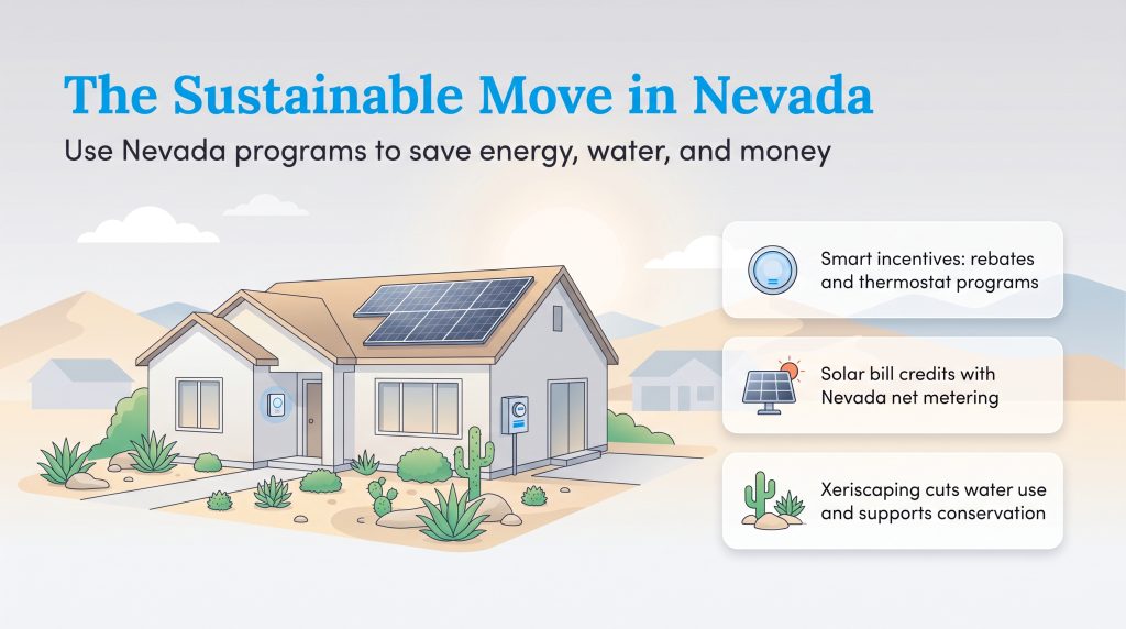 An eco-friendly Nevada house with solar panels, smart thermostat, and desert xeriscaping