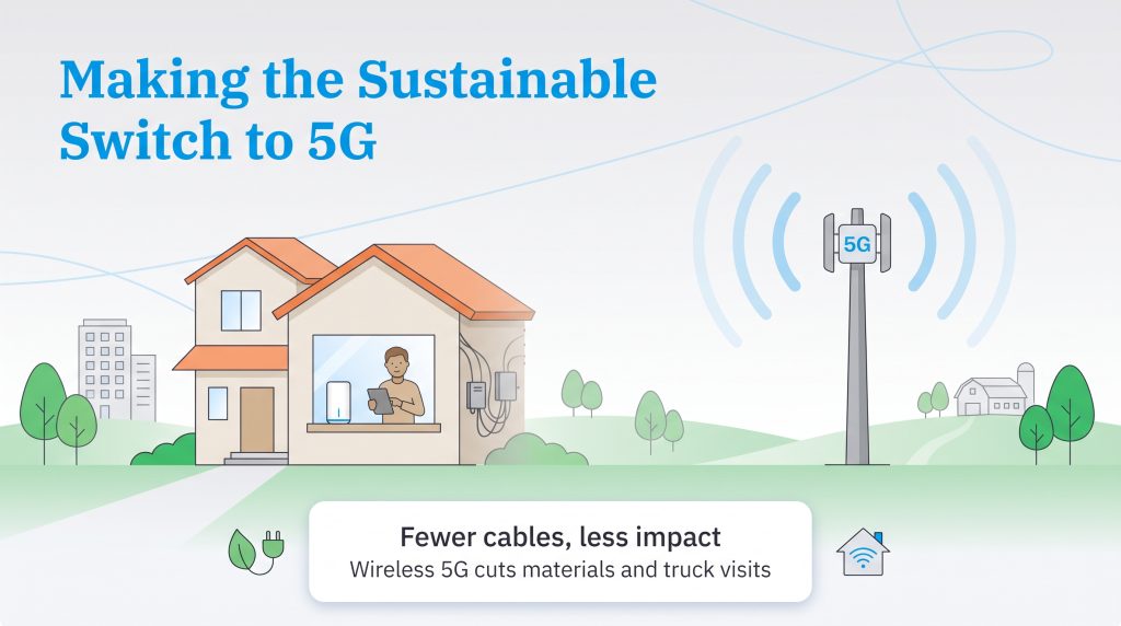 Illustration of a 5G tower sending wireless internet signals to a house with fewer cables