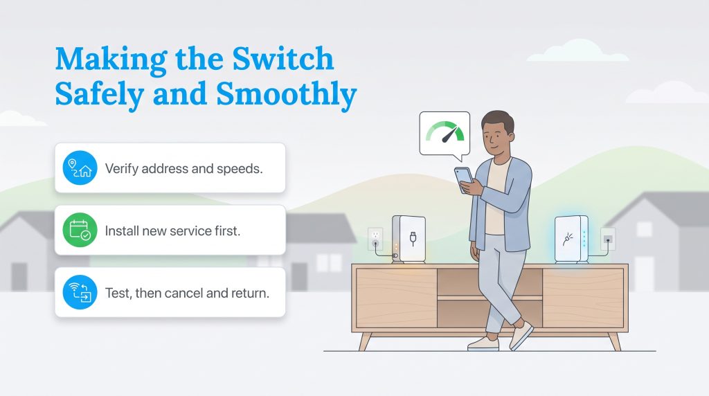 Graphic showing three steps to switch internet providers smoothly while testing speeds