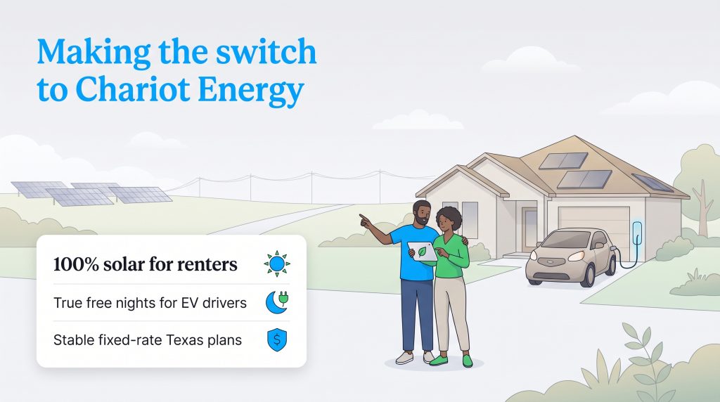 Couple outside a solar-powered home with an electric car and key benefits of Chariot Energy