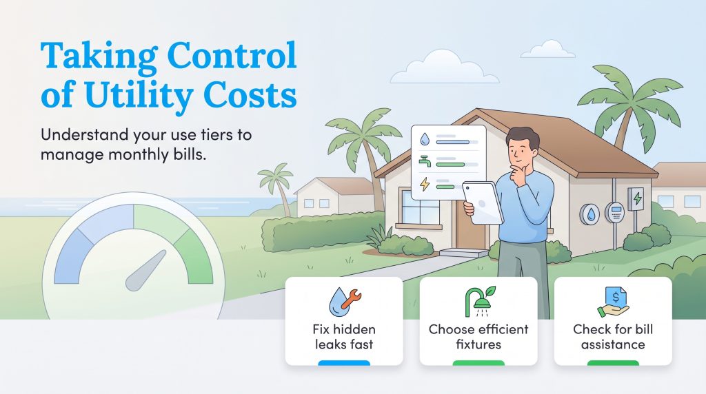 An illustration of a homeowner tracking utility usage on a tablet to manage monthly bills.