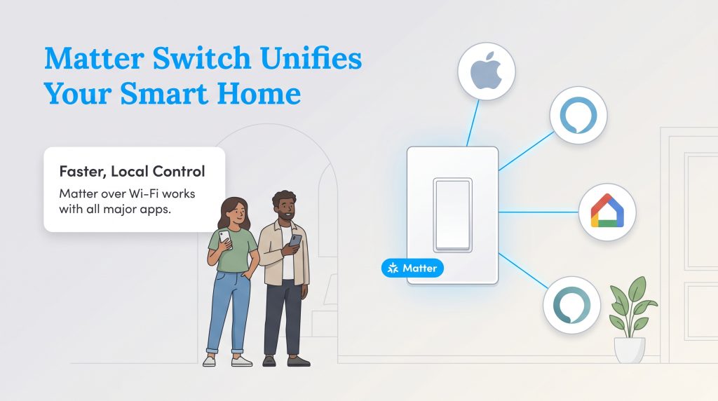 A smart switch connecting to Apple, Alexa, Google Home, and SmartThings logos.