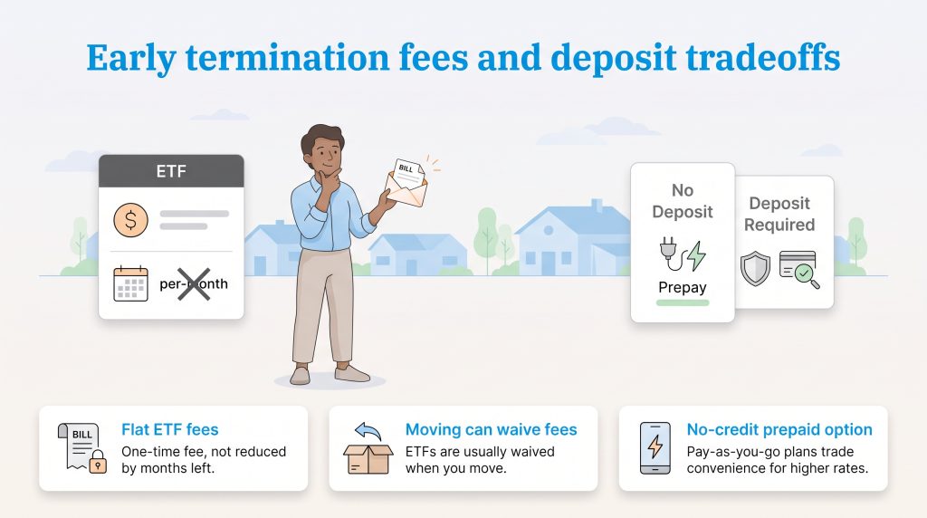 Illustration detailing flat early termination fees and prepaid no-deposit options.