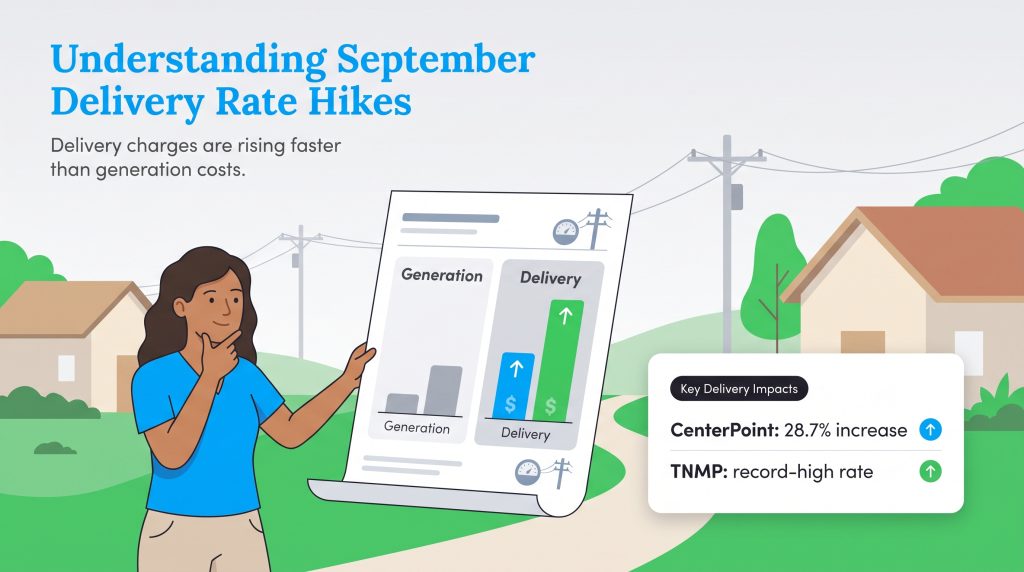 Graphic showing electricity delivery rate increases for CenterPoint and TNMP in Texas