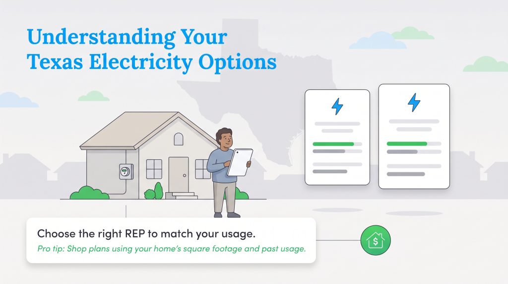 An illustration of a person comparing Texas electricity plans on a tablet outside their home