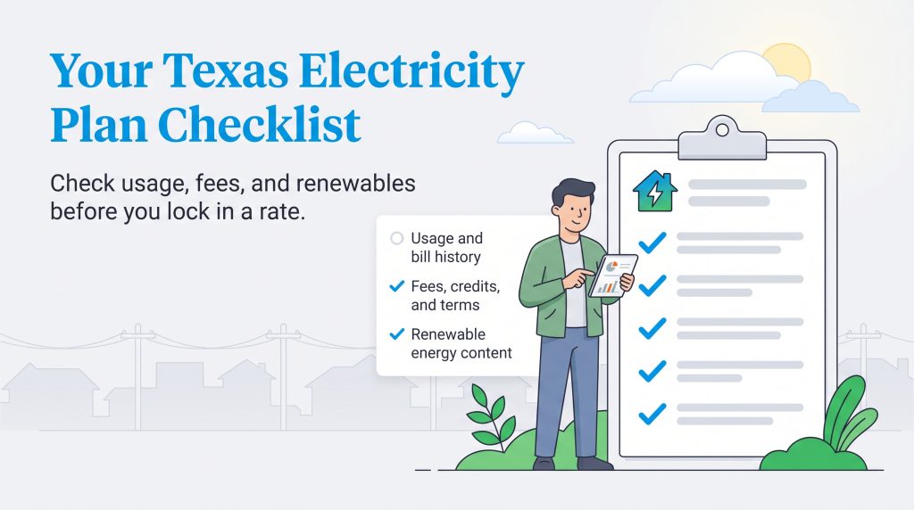 Illustration of a person reviewing a checklist for choosing a Texas electricity plan.